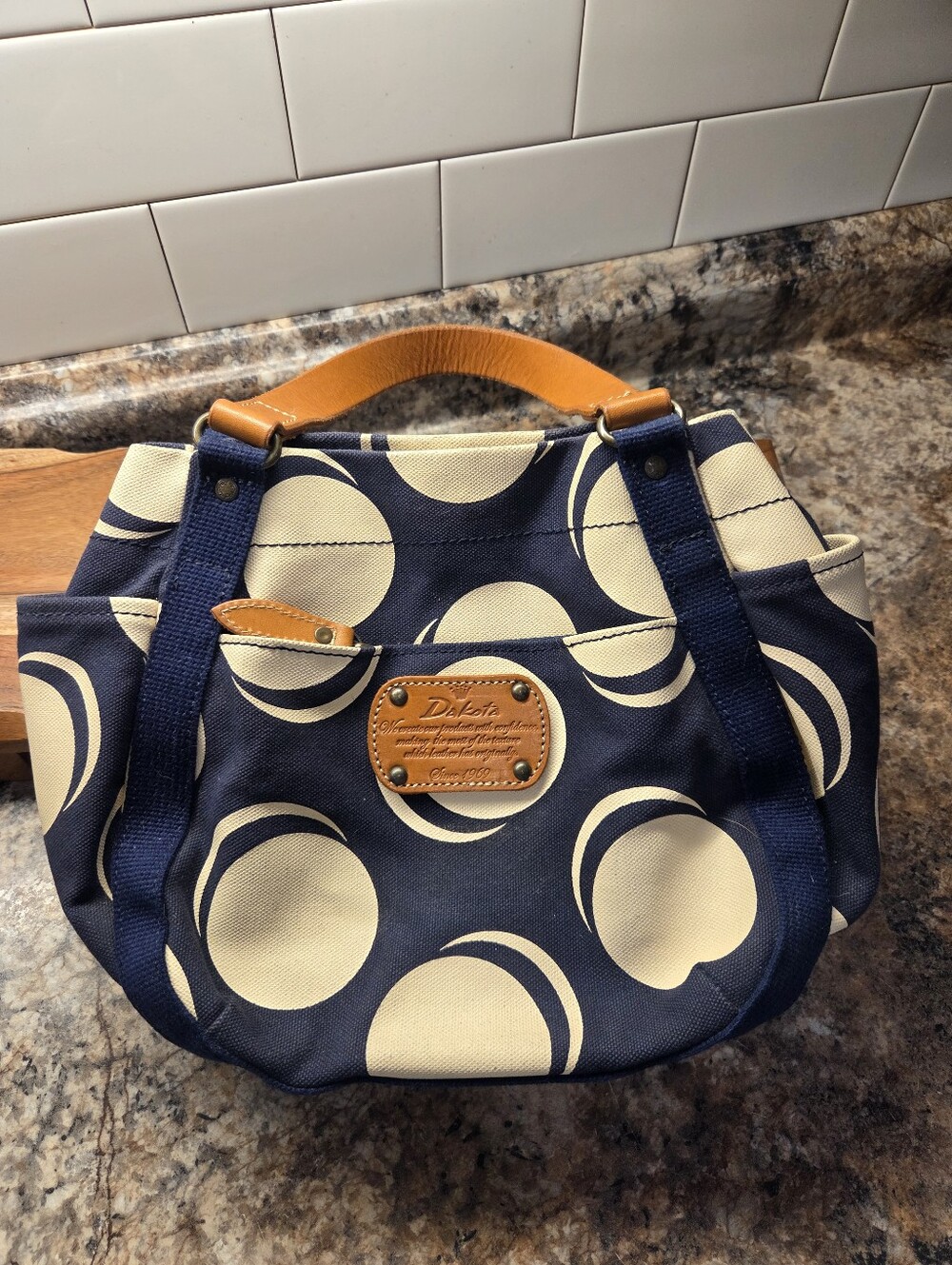 Dakota Japan Pit Canvas Tote Bag Navy Blue Cream Polka Dot Leather Trim Small